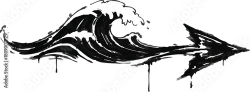 Crashing ocean wave arrow sumi ink style black isolated pointer with paint drips texture