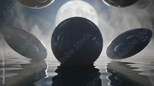 Abstract celestial bodies floating above reflective liquid surface under full moon