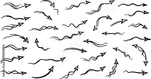 Flowing doodle arrows set sketch thin pointer symbols showing complex curved directions lines
