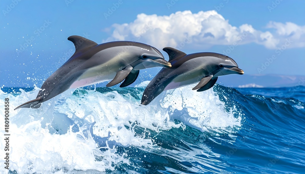 Fototapeta premium Two dolphins leap from churning blue ocean water under a bright sky with puffy white clouds in the background