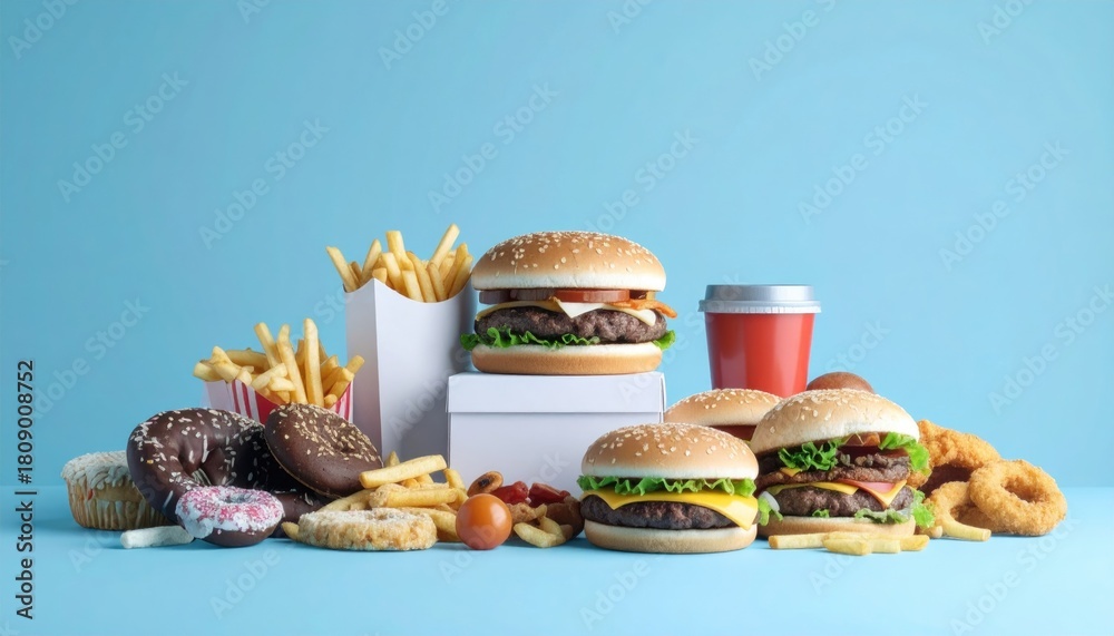 Fototapeta premium many junk unhealthy fast food on the table ultra processed food concept low nutrition value high calories value
