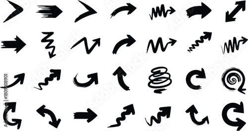 Large collection of varied black hand drawn doodle arrows design elements on background