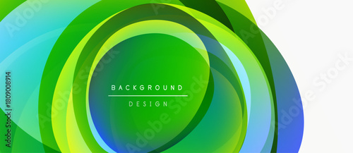 Abstract layered circles, vibrant greens, blues create dynamic background. Text reads background design centered within layers.