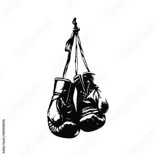 Black and white vintage illustration of worn boxing gloves retro vintage vector art