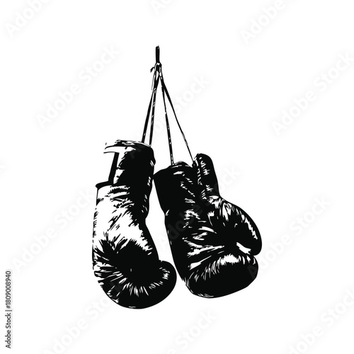 Black and white vintage illustration of worn boxing gloves retro vintage vector art