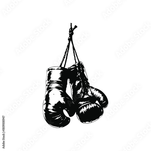 Black and white vintage illustration of worn boxing gloves retro vintage vector art