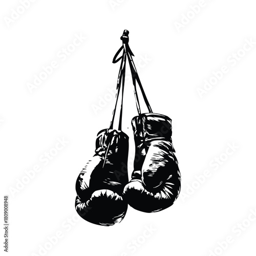 Black and white vintage illustration of worn boxing gloves retro vintage vector art