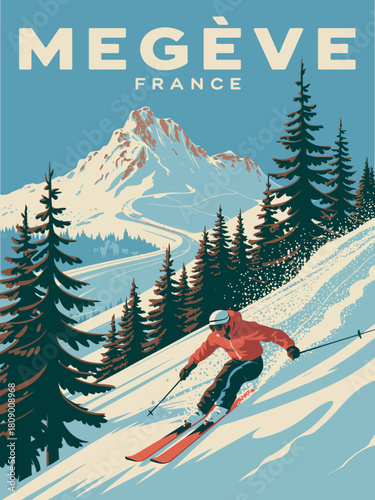 Megeve ski resort retro travel poster with handmade skier illustration and alpine scenery