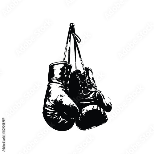 Black and white vintage illustration of worn boxing gloves retro vintage vector art