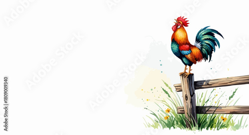 Vibrant watercolor rooster perched on a wooden fence, with expressive splatter and splash details. A beautiful farm scene vector illustration for design projects. 5