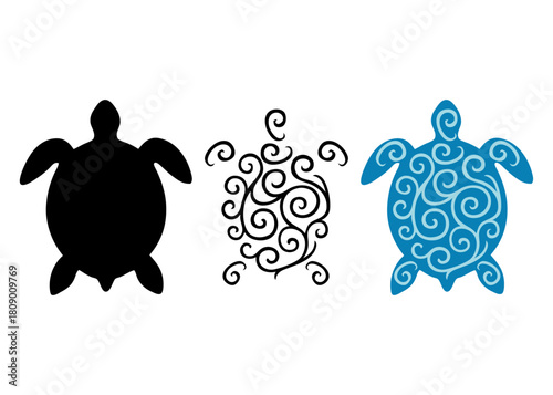 Ilustración de vida marina. Silueta de tortuga marina con líneas y volutas