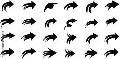 Short arrows collection grunge brush flick movement direction marker pointers graphic set