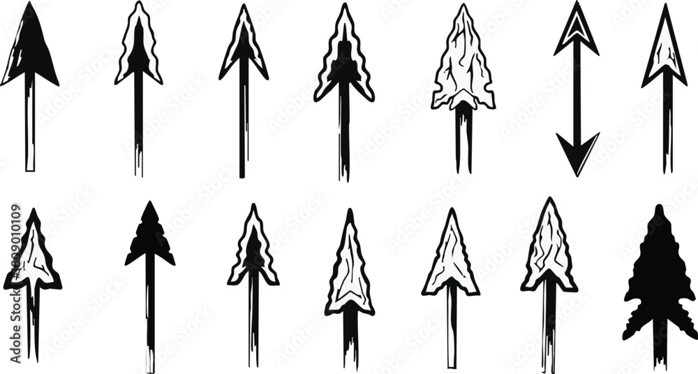 Εκτύπωση καμβά Stone age arrowhead black and white silhouettes collection vector illustration s