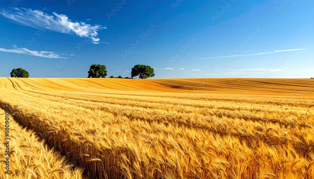 Obraz premium Golden field of wheat under a bright blue sky, three green trees on the horizon add a nice touch to landscape