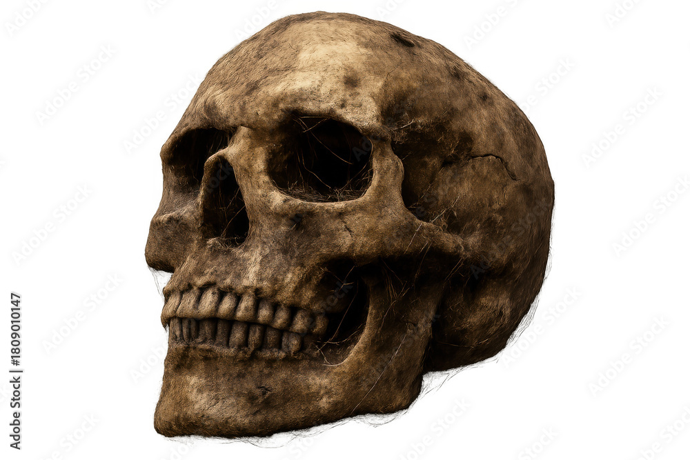 Obraz premium Human skull bone showing decay and age, representing death, afterlife, and mortality on transparent background