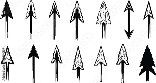 Stone age arrowhead black and white silhouettes collection vector illustration set