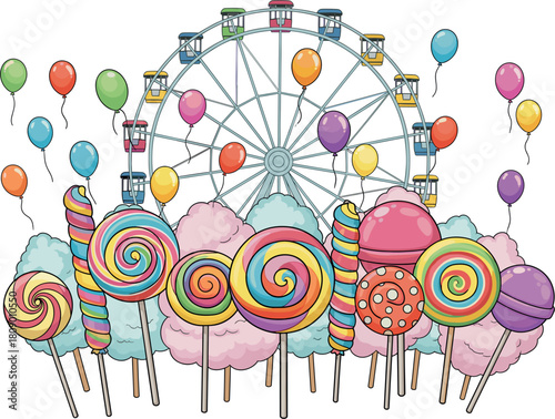 Whimsical carnival scene with ferris wheel and giant lollipops
