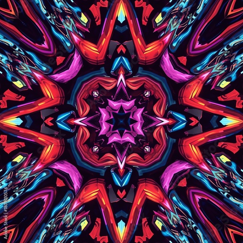 Vibrant abstract fractal art with glowing neon colors and symmetrical patterns, perfect for digital backgrounds.