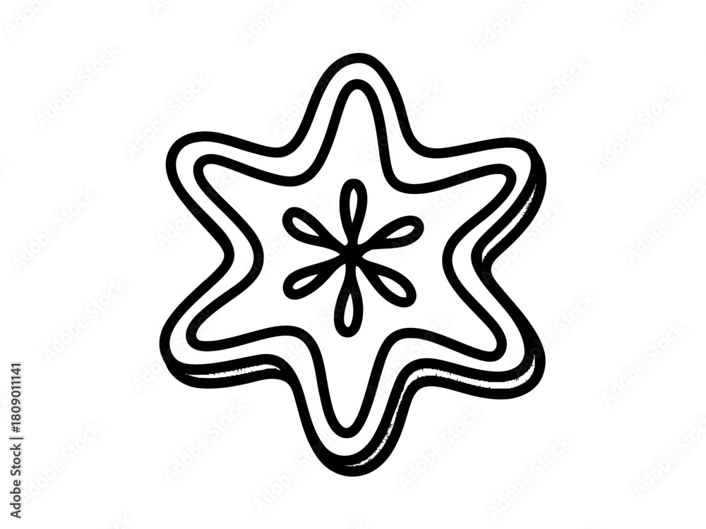 Obraz premium A stylized, hand-drawn illustration of a starfruit slice features a symmetrical, geometric pattern within its core, rendered in a simple black and white outline.