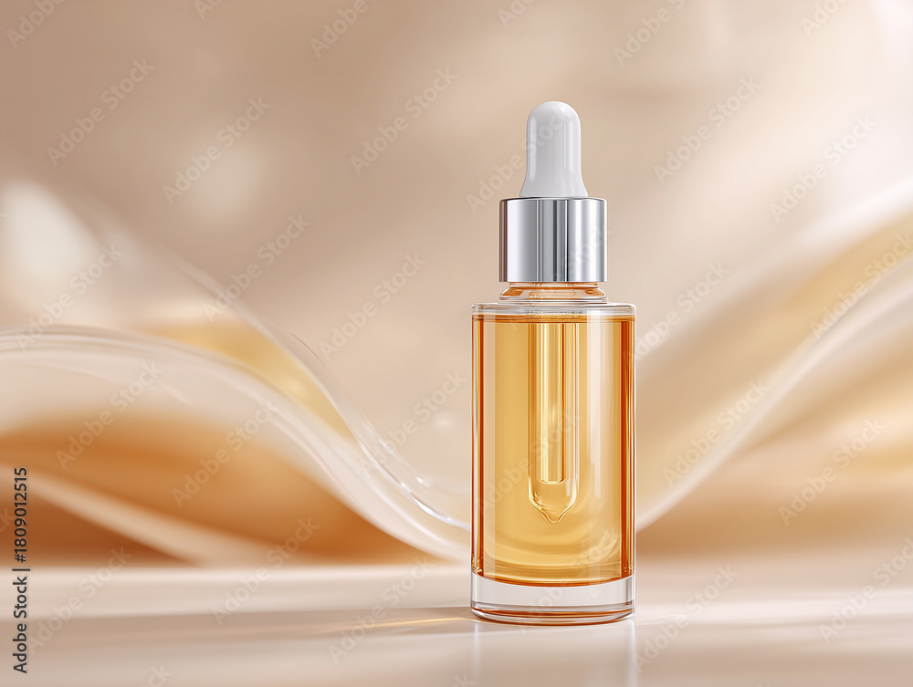 Naklejka premium エレガントな背景に置かれた高級感ある琥珀色の美容液ボトル