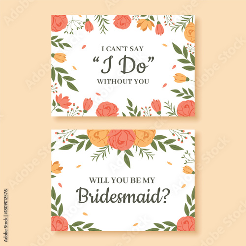 Floral wedding invitation card set featuring elegant flower borders perfect for bridesmaid proposals