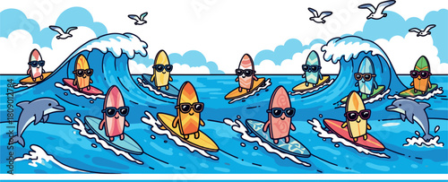 Whimsical cartoon lighthouse characters surfing on ocean waves