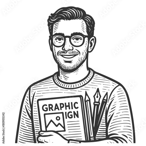 smiling graphic designer sketch engraving generative ai fictional character vector illustration. Scratch board imitation. Black and white image.