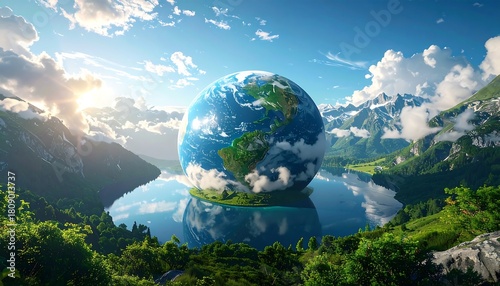 Globe on lush island nestled in serene lake amidst mountains, under a vibrant sky with scattered clouds