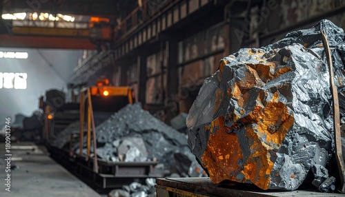 Large ore chunks sit on railway inside a steel mill, with blurred background of factory details and light streams