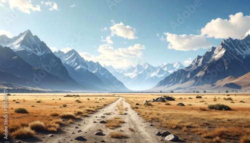 A dirt road runs through a golden field, leading to majestic, snow-capped mountains under a bright, cloudy sky