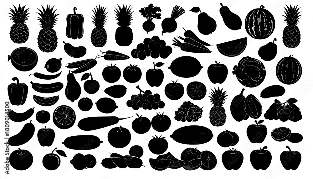 Fototapeta premium Black silhouettes of various fruits and vegetables arranged in rows on a white background