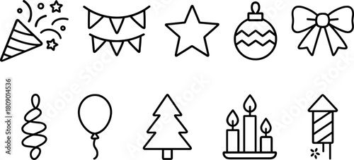 Vintage Christmas toys and gifts icons set. Rocking horse, nutcracker, teddy bear, decorations. Outline vector illustrations