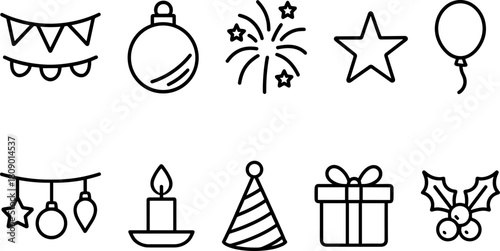 Vintage Christmas toys and gifts icons set. Rocking horse, nutcracker, teddy bear, decorations. Outline vector illustrations