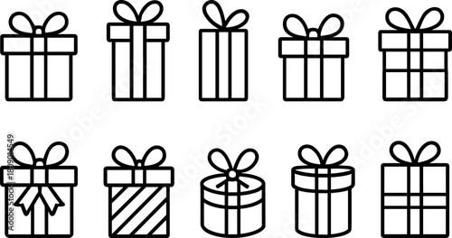 Vintage Christmas toys and gifts icons set. Rocking horse, nutcracker, teddy bear, decorations. Outline vector illustrations