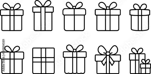 Vintage Christmas toys and gifts icons set. Rocking horse, nutcracker, teddy bear, decorations. Outline vector illustrations