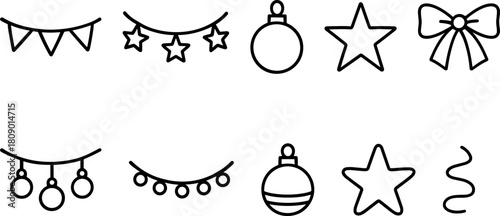 Vintage Christmas toys and gifts icons set. Rocking horse, nutcracker, teddy bear, decorations. Outline vector illustrations