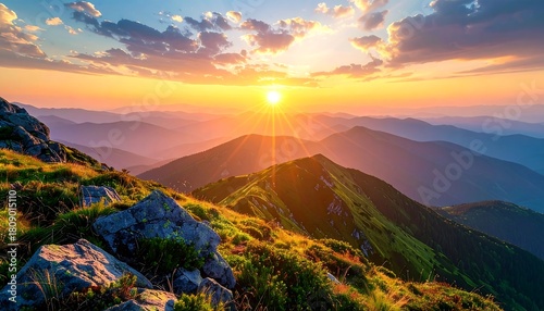 Sunset over mountains. Rocky foreground, layered peaks receding into hazy blues. Golden light bursts through cloud cover