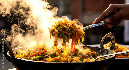 Fototapeta Naklejka Na Ścianę i Meble -  Vibrant and colorful street food style of Indian patta gobhi ki sabzi being scooped from karahi, spiced cabbage with peas, carrots, steam rising dramatically 