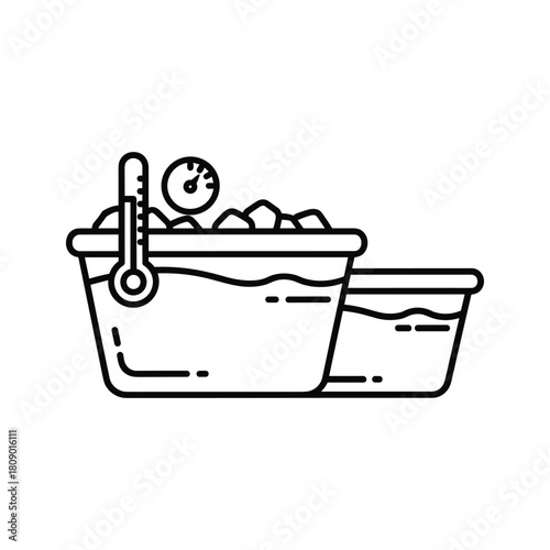 Outline icon of ice bath with thermometer isolated on