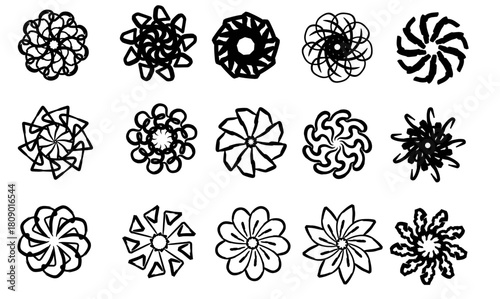A collection of hand-drawn black and white flower designs with bold lines. Ideal for patterns, decorations, logo elements, and simple creative artwork.
