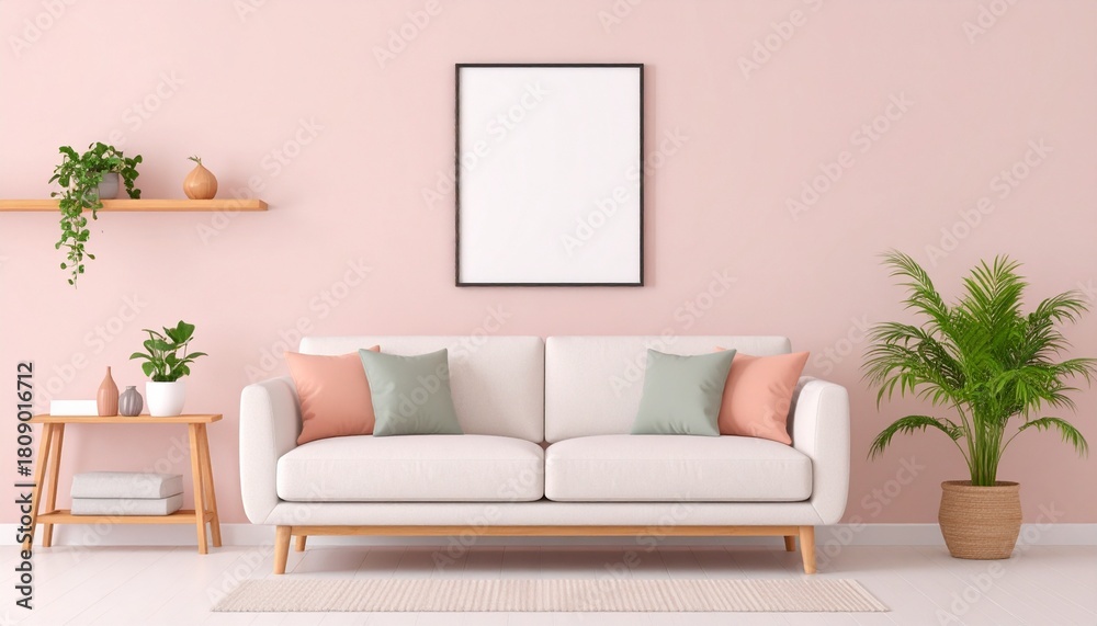 Fototapeta premium Modern and colorful interior of living room with design boucle sofa, mock up poster, shelf, plants, decorations and personal stuff. Home decor