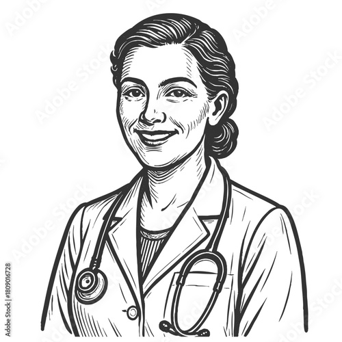 confident female doctor with stethoscope, representing healthcare and professionalism sketch engraving generative ai vector illustration. Scratch board imitation. Black and white image.