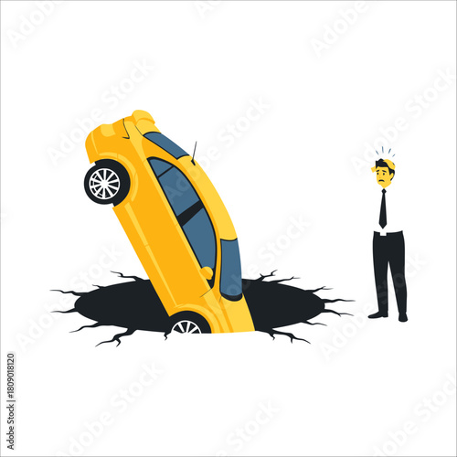 A yellow car falling into a sinkhole with a shocked man standing nearby, illustrating a sudden and unexpected problem or crisis isolated on