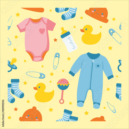 Baby seamless pattern with cute baby clothes and accessories, perfect for nursery decor, baby shower invitations, and newborn announcements isolated on