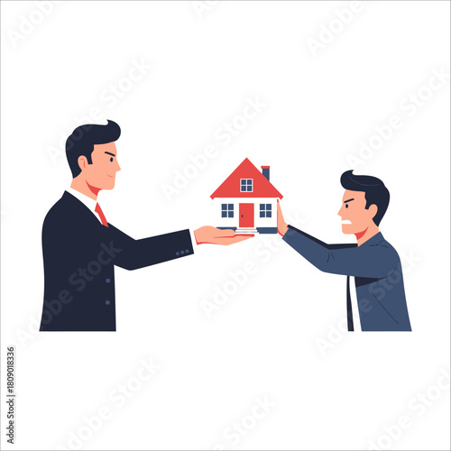 Two men arguing over a house, one offering and the other refusing, representing conflict in real estate, isolated on