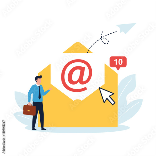 A man with a briefcase receives a lot of emails in his inbox, represented by an open envelope with the symbol, isolated on