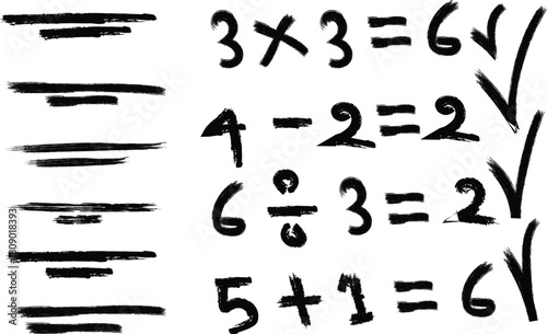 Simple math problems with checkmarks and lines hand drawn style