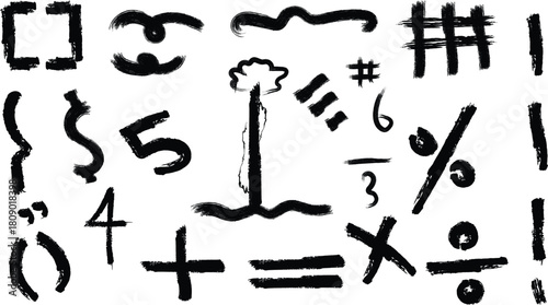 Hand drawn brush stroke symbols and mathematical operators collection