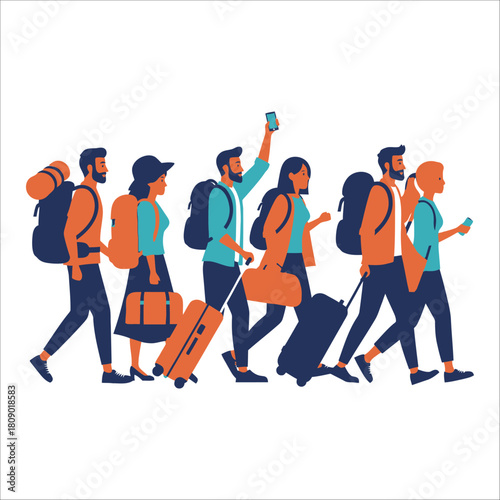 Group of diverse tourists walking with luggage, ready for vacation, exploring new destinations, isolated on
