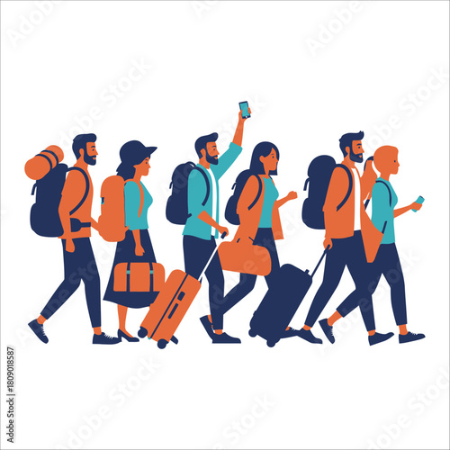 Group of diverse tourists walking with luggage, ready for vacation, exploring new destinations, isolated on
